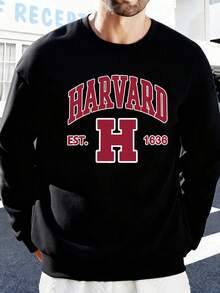 Men's "Harvards Est. 1636" College Sweatshirt Casual Long Sleeve Black Crew Neck Pullover For Ivy League Style And Daily Wear, University, Varsity, Alumni, College Events, Alumni Gatherings, Graduation, Daily Wear, Casual Outings, Gift Giving. - 黑色 - 查看 1