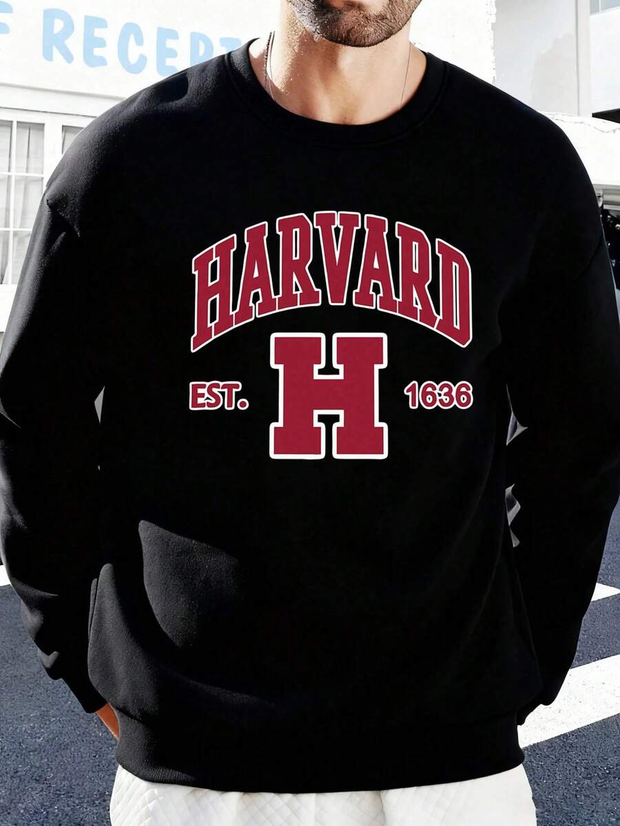 Men's "Harvards Est. 1636" College Sweatshirt Casual Long Sleeve Black Crew Neck Pullover For Ivy League Style And Daily Wear, University, Varsity, Alumni, College Events, Alumni Gatherings, Graduation, Daily Wear, Casual Outings, Gift Giving. - 黑色 - 查看 1