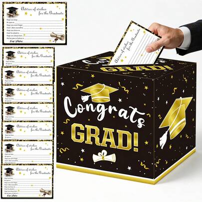 Hộp đựng thiệp chúc mừng tốt nghiệp màu đen và vàng (1 chiếc/8 chiếc/9 chiếc) kèm thiệp gợi ý, trang trí tiệc tốt nghiệp.