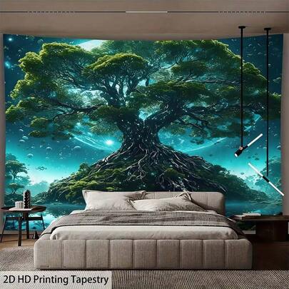 Tranh treo tường Cây Sự Sống Huyền Bí, Chất liệu Polyester, Trang trí phòng ngủ, Tranh treo tường trang trí phòng khách, Đồ dùng trang trí phòng theo phong cách huyền bí, Tranh treo tường nghệ thuật Cây Sự Sống vũ trụ, Cờ trang trí tường, Tranh treo tường phòng ngủ màu xanh ngọc lam huyền bí.