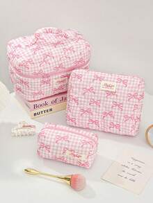 Bolsa de viaje multifuncional de gran capacidad con estampado de lazo y cuadros, bolsa de maquillaje rosa con lazo de guinga, bolsa de maquillaje rosa con lazo de guinga, organizador de cosméticos acolchado con asa, 3 tamaños para viaje y uso diario, bolsa de maquillaje rosa con lazo a cuadros, estética, bolsa de cosméticos acolchada, bolsa de aseo portátil de viaje para niñas - Rosa - Ver 13