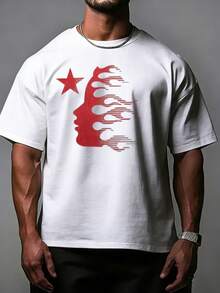 Hellstars Red Flame Head Star Y2K Graphic T-Shirt,220g 100% Cotton,Round Neck Short Sleeve,White Streetwear Essential For Summer Going Out,Unisex Style - 白色 - 查看 1