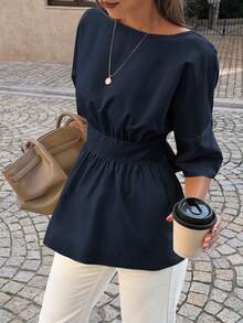 Áo kiểu nữ Look Polly phong cách Y2K, kiểu dáng thường ngày, thắt nơ, hở lưng, tay lửng, thích hợp cho kỳ nghỉ xuân/hè. - Hải quân - Xem 6