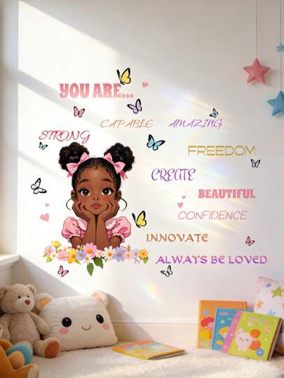 励志英文蝴蝶墙贴，女孩适用，自粘式房间装饰，适用于客厅和卧室