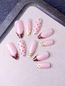 10pcs Handmade Nail Art Stickers, Nail Supplies, Nail Decorations, False Nails, Short Nails, Nail Art, Summer Nails, Acrylic Nail Stickers, Nail Tool Kit, Y2K Style, Pink Nails, Brown Nails, Yellow Nails, Polka Dot Nails, Fashionable Polka Dot & Striped Design, Cute & Playful Style, Suitable For Ladies & Girls To Use On Dates & Parties - Multicolor - View 4