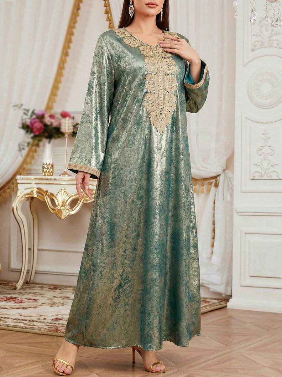 Solessence Plus Size Metallic Color Bell Sleeve Dress, Dignified - Lake Blue - View 1