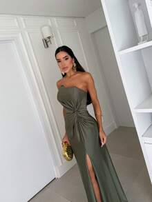 Long Strapless Formal Dress With An Elegant Knot, Perfect For Bridesmaids, Graduation, Or Weddings. - Màu xanh Ô liu - Xem 2