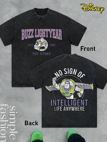 Disney Retro Washed T-Shirt Double-Sided Printing (230 Pure Cotton T-Shirt) "BUZZ LIGHT" EST. 1995, TOY STORY Pattern Printing, Men's T-Shirt, Men's Casual, Comfortable, Fashionable T-Shirt, Street Style Versatile T-Shirt Cotton Suitable For Various Occasions - 黑色 - 查看 1
