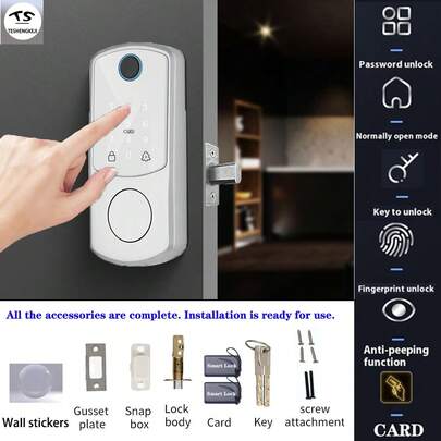 Khóa cửa vân tay thông minh - Khóa cửa không cần chìa khóa - Lưu trữ 99 dấu vân tay sinh trắc học và 99 mật khẩu người dùng, mở khóa đa chức năng (mật khẩu/vân tay/thẻ IC/chìa khóa), khóa tự động một chạm, dễ dàng lắp đặt. Khóa cửa điện tử vân tay thông minh