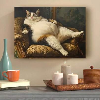 2D平面帆布画，描绘一只滑稽的胖猫躺在沙发上——12.0x16.0英寸无框墙面艺术，创意动物主题画，适用于家居、卧室、客厅、办公室——趣味独特的猫咪装饰画，2D平面