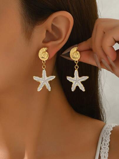 1 par de pendientes de estilo europeo y americano para el verano y las vacaciones en la playa para mujeres, pendientes de perla y concha marina con efecto de gota de aceite de moda