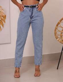 Women's High-Waisted Plain Jeans - 霧霾藍 - 查看 7