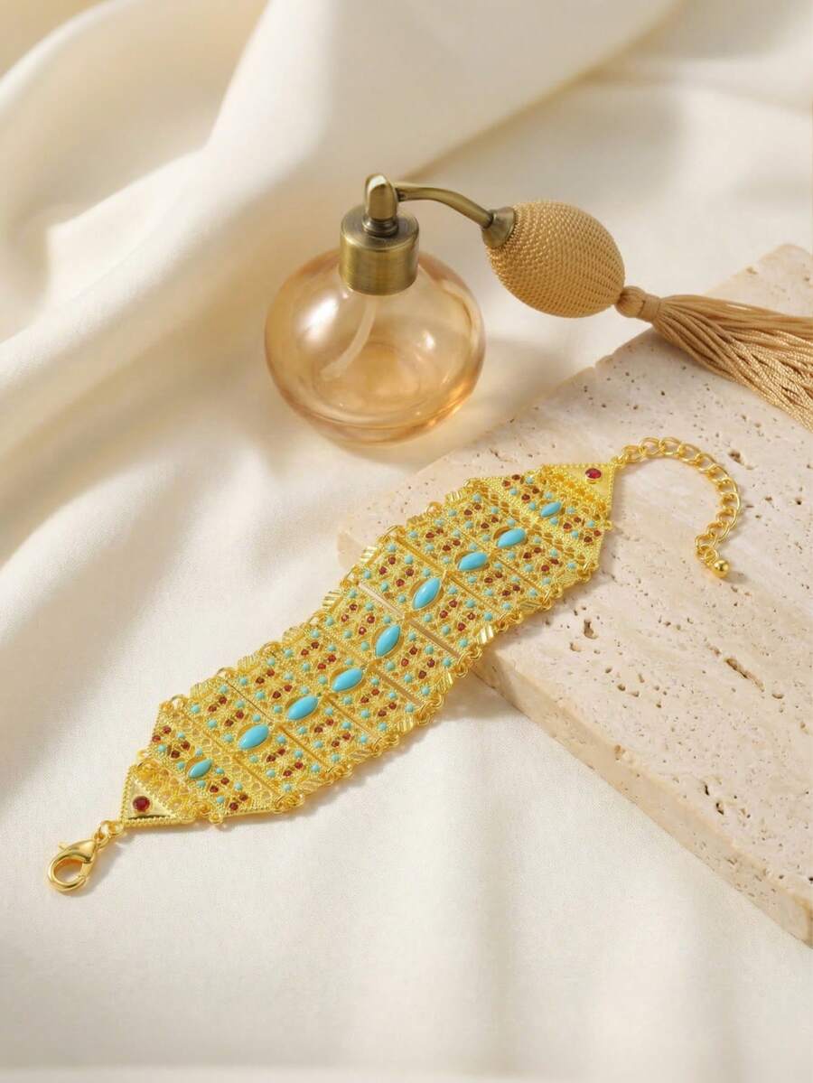 1件绿松石镶嵌镂空手链，女士派对饰品 - 金色 - 查看 1