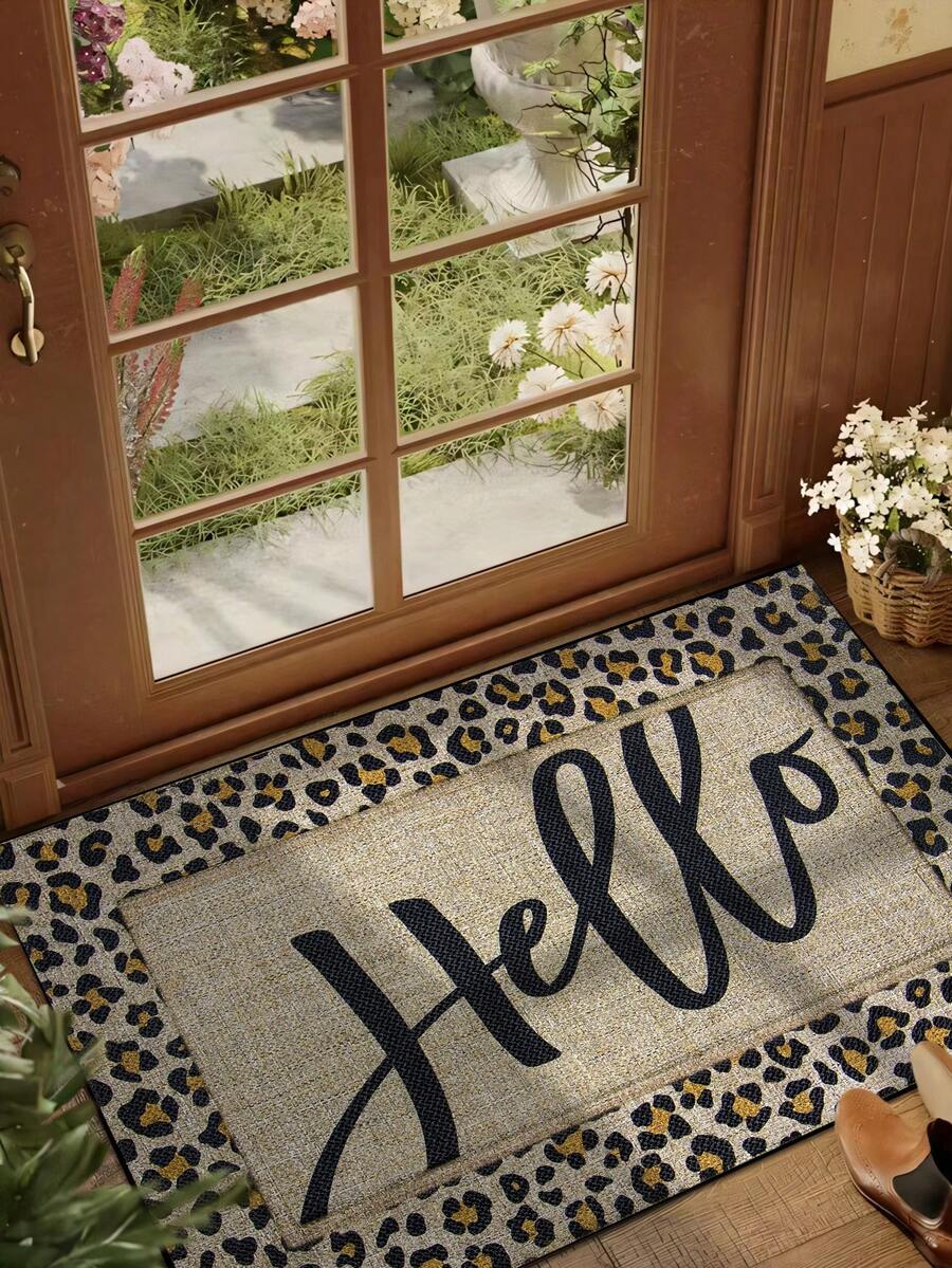 1pc Interesting Farm Style Leopard Print "Hello" Pattern Doormat, Yellow Minimalist Short Plush Quick-Drying Non-Slip Washable Entrance Mat, Spring Yard Decor, Home Decoration, Suitable For Kitchen, Bathroom, Dining Room, Hallway, Party, All Seasons - 1PC - View 1