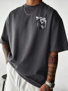 Zrgoth Men's Casual Versatile Minimalist Angel Sculpture Dark Portrait Print Element Short Sleeve T-Shirt - Dark Grey - View 3