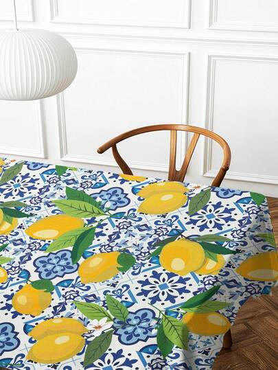 1件柠檬印花桌布，现代涤纶材质，防水，长方形/圆形可选，数码印花，适用于客厅、户外餐桌、小型圆桌。