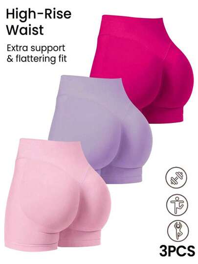 3 piezas Shorts deportivos para mujer, shorts elásticos sin costuras, shorts de yoga de cintura alta opacos adelgazantes, adecuados para fitness, correr, ciclismo, yoga, entrenamiento y uso diario