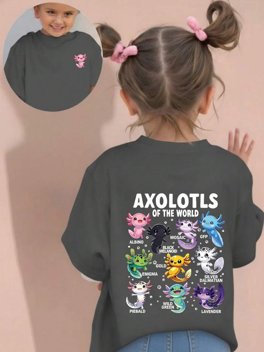 Young Girl Casual Funny Print Crew Neck Short Sleeve T-Shirt, Summer Top - Dark Grey - View 1