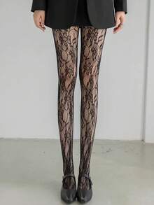 New Retro Floral Vine Pantyhose With Flower Pattern Hollowed Out Lace Mesh Socks - Black - View 5