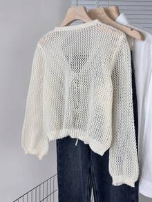 Wixra Spring/Summer New V-Neck Tie Hollow Out Knit Cover Up, Women Loose Short Cover Up - Apricot - View 2