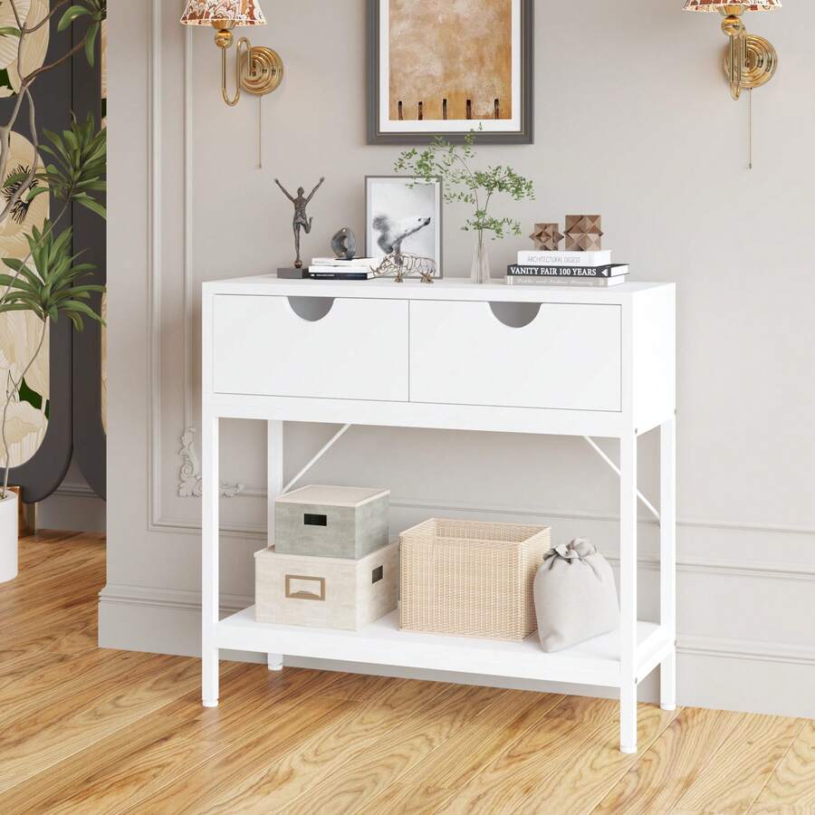 Hallway Entryway Console Table MDF Board With 2 Fabric Drawers And Storage Shelf Multifunctional Storage Table - 白色 - 查看 1