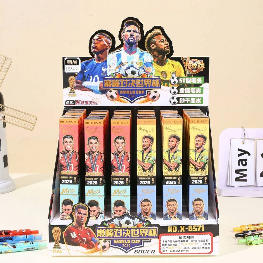 FIFA新款足球主题可伸缩0.5mm黑色墨水顺滑书写圆珠笔，适合学生、聚会、节日、生日及其他活动 - 彩色 - 查看 1