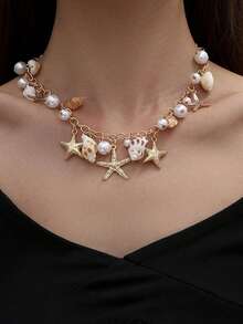 1pc Bohemian Summer Beach Shell Starfish Seashell Faux Pearl Choker Necklace, Sea Vacation Faux Pearl Starfish Seashell Pendant Body Chain, Suitable For Daily Wear And Holiday - Multicolor - View 4