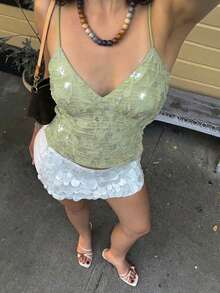 女士果绿色提花菱形V领吊带修身短款背心，夏季度假休闲装 - 綠色 - 查看 1