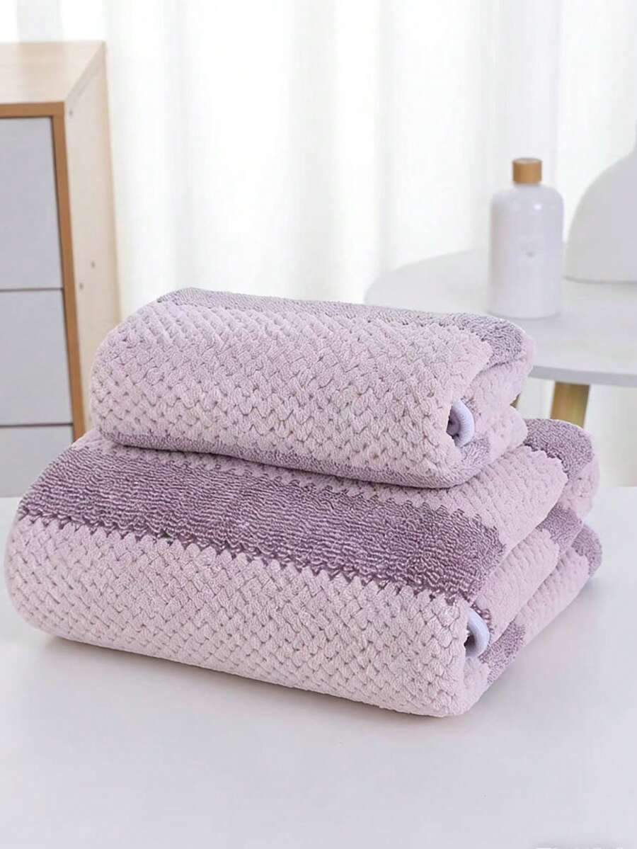 Coral Fleece Striped Minimalist Soft Absorbent Bath Towel/Hand Towel For Home Use - Lilac Purple - View 1