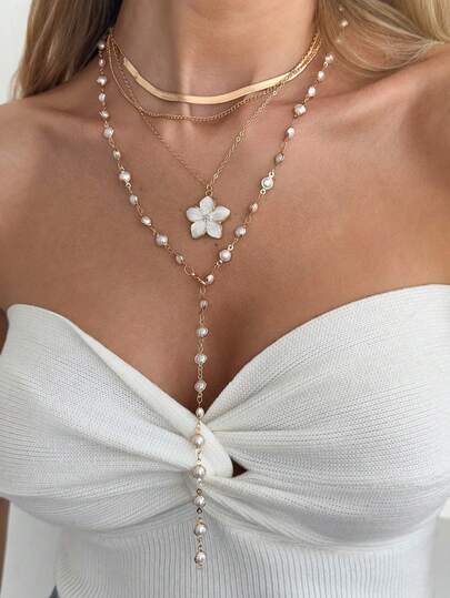 4件套波西米亚几何仿宝石镶嵌精致链条花朵吊坠项链，奢华优雅，适合婚礼、派对、度假、休闲、街头风格，女士情侣礼物，节日、生日礼物