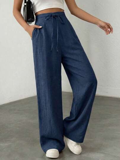 Light Blue Linen Drawstring Waist Wide Leg Pants Casual High Waist Baggy Trousers For Women