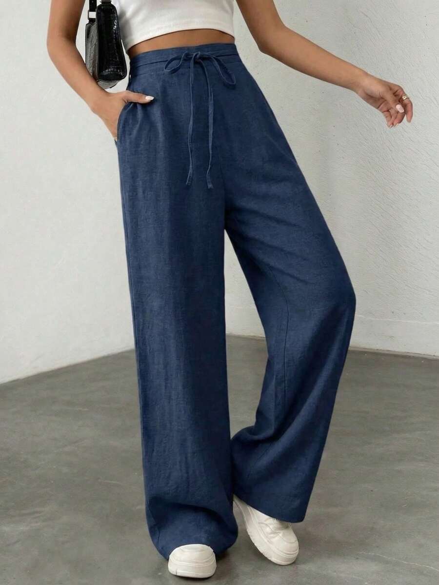 Light Blue Linen Drawstring Waist Wide Leg Pants Casual High Waist Baggy Trousers For Women