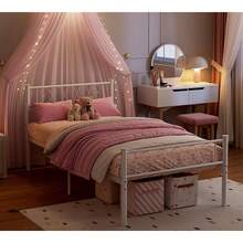 Marco de cama de tamaño doble, Marco de cama de plataforma de metal blanco con cabecera y pie, Marco de cama de 12,2 pulgadas con soporte de láminas de metal fuertes, Bajo almacenamiento de cama, No se necesita muelle de caja - Blanco - Ver 5