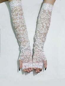 1 双性感蕾丝女士半指手套，轻质透明网眼长袖臂套，适合夏季防紫外线和高性能 - 彩色 - 查看 6