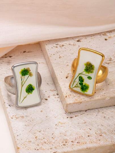 خاتم فضي مصبوب مزين بزهور مجففة، مجوهرات نسائية للصيف والعطلات والاستخدام اليومي