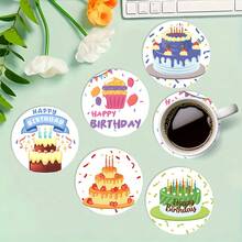 6pcs/Set Wooden Coasters With Birthday Cake Themed Prints, Thick Insulation Non-Slip Design, Cute Patterns, Practical Coasters For Birthday Party, Gathering, Add Warm Atmosphere To Dining Table, Suitable For Gift Or Personal Use - Wooden Board-coaster - View 3