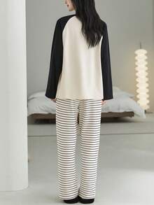 女士圆领睡衣两件套，长袖上衣和长裤，柔软舒适，适合春秋季穿着 - 米色 - 查看 2