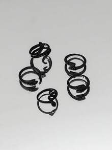 Set de 5 anillos de estilo gótico con diseño de serpiente, anillos de serpiente mini irregulares y superpuestos para mujeres - Negro - Ver 3