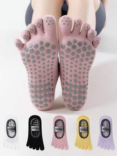 1/3 双装女士纯色五趾袜，无后跟绑带，硅胶防滑减震鞋底，专业普拉提、瑜伽、室内地板、船袜