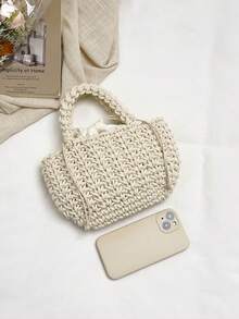 可爱棉绳编织手提包，简约草编托特包，度假风沙滩包，独特女童包 - 白色 - 查看 3