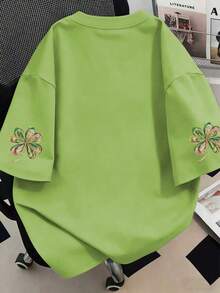 Plus Size Women's Casual Four-Leaf Clover Print Round Neck Top, Suitable For Vacation, Beach, Travel, Spring, Valentine's Day; Carnival Outfit, Mother's Day Gift Summer - Limelight Green - View 2