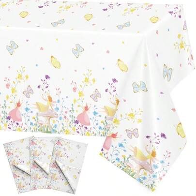 1pc/3pcs Fairy Tablecloth, Disposable Rectangular White Plastic Tablecloth For Party, Birthday, Holiday Events, Butterfly Fairy Decor, 137*274cm