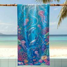 1pc Underwater World Dolphin & Jellyfish Beach Towel, Super Soft Microfiber Extra Large Beach Blanket, Super Absorbent Bath Towel, Suitable For Travel, Swimming Pool, Diving, Surfing, Yoga, Camping, Available In Multiple Sizes, Beach Accessories - A - View 5