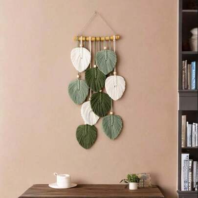 1pc Macrame Wall Hanging, Boho Style Wall Decor Tapestry, Handwoven Green Leaf Tassel Wallpaper