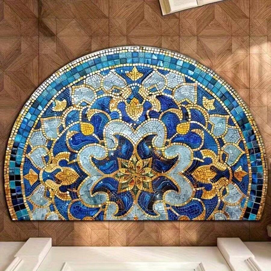1 pieza Felpudo semicircular con diseño floral azul y dorado, felpudo de entrada, alfombra pequeña, felpudo de bienvenida, alfombra, felpudo de piso, felpudo de exterior, alfombra de cocina, decoración del hogar, felpudo de puerta principal, alfombra pequeña de área, felpudo de exterior, decoración del hogar, alfombra de área, alfombra de jardín, alfombra lavable - Multicolor - Ver 1