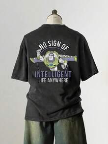 Disney Retro Washed T-Shirt Double-Sided Printing (230 Pure Cotton T-Shirt) "BUZZ LIGHT" EST. 1995, TOY STORY Pattern Printing, Men's T-Shirt, Men's Casual, Comfortable, Fashionable T-Shirt, Street Style Versatile T-Shirt Cotton Suitable For Various Occasions - 黑色 - 查看 9