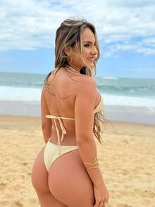 Jade Bikini With Pearls, Luxury Beach Set For Women, Summer, Bathing, And Sea - 米色 - 查看 5