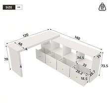 Corner Table With 360° Swivel Top, Can Be Positioned L-Shaped Or Straight, Made Of MDF (Medium Density Fiberboard), Reinforced 4 Cm Tabletop And Legs, With 4 Compartments And 4 Drawers, White, Adjustable, Can Be Used As A Desk Or Computer Desk - 查看 5