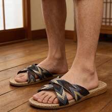 Men's Summer Linen Slippers, Indoor Lightweight Non-Slip Comfortable Bedroom Sandals - Black - View 2