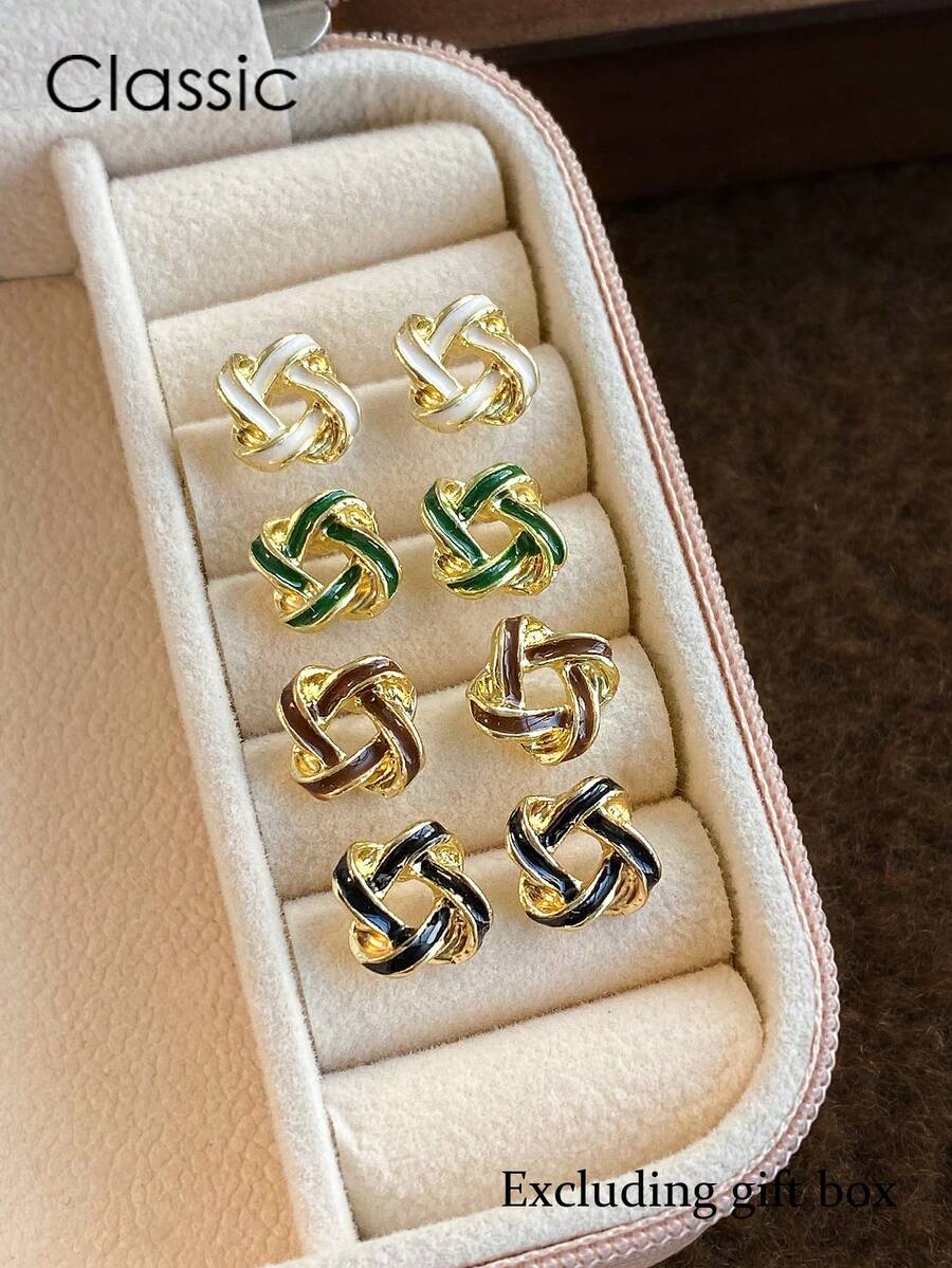 4 Pairs Minimalist Fashion Unique Design Elegant Knotted Glazed Earrings Set, Suitable For Casual, Gathering, Party Wear (Excluding Gift Box)